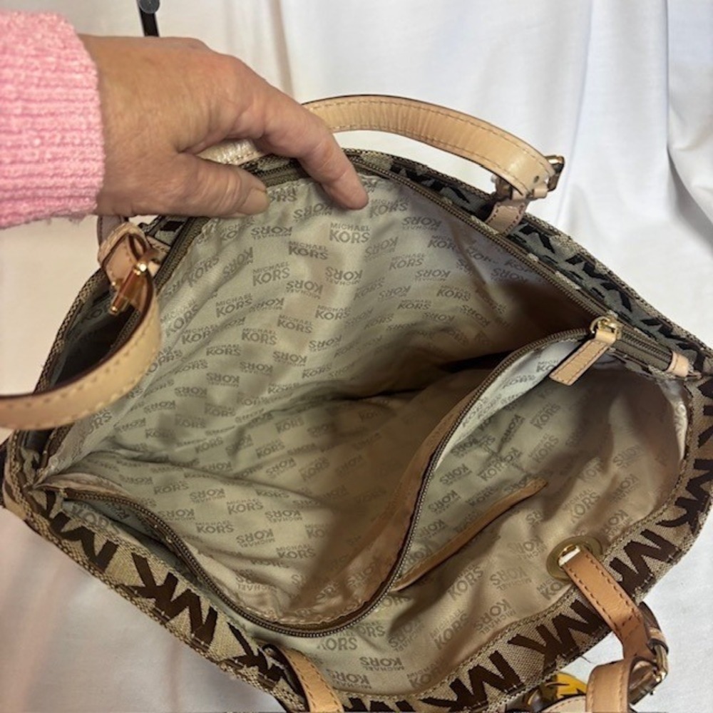 Michael Kors MK Logo Canvas Tote Bag Brown Tan Large Shoulder Bag - Picture 10 of 13
